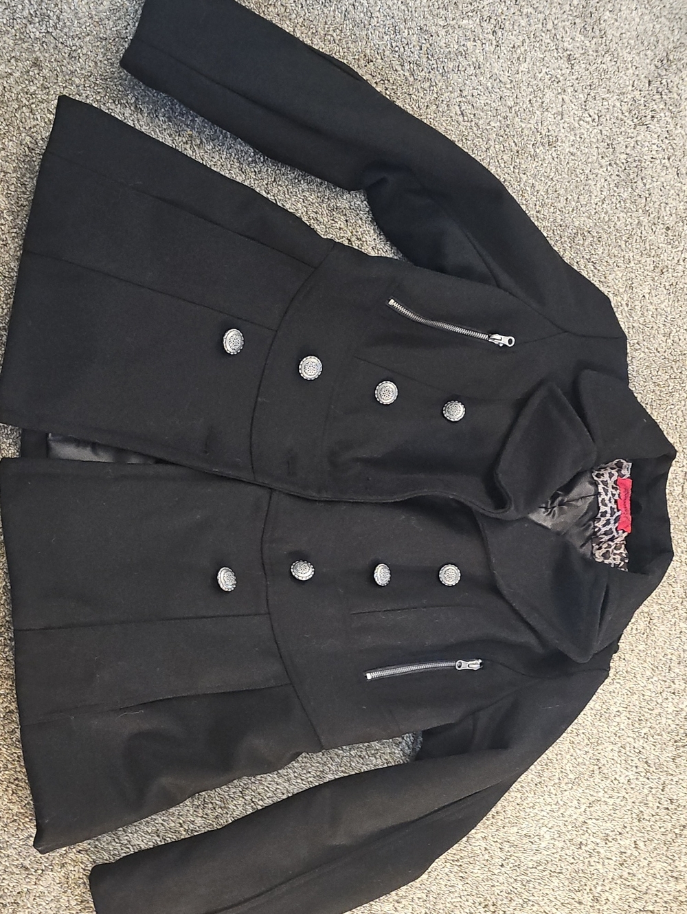 Women's Black Double-Breasted Pea Coat with Decorative Buttons